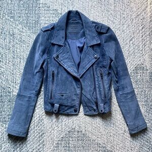 BLANK NYC Morning Suede Moto Jacket in Slate Blue Gray Leather Biker Revolve
